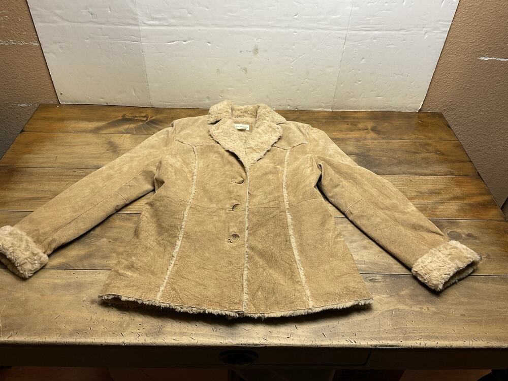 St. John’s Bay Suede Leather Coat Tan Faux Shearling Sherpa Size Medium
